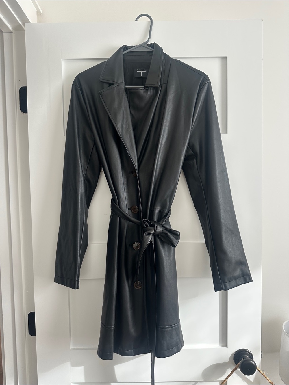 Tahari Black Faux Leather Belted Trench Coat